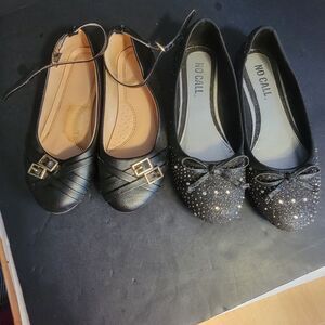 No Call Girls Black Flats Lot 2 Sizes 3 & 4M Buckle Strap Glitter Bow